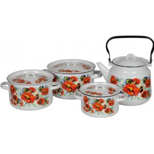 Набор эмалированной посуды МАКИ МЕЧТА с чайником (кастр. 1.5л, 2.9л, 3.9л; чайник 3.5л)