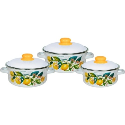 Набор эмалированной посуды Лимоны в  цвету, белый (кастр. 2л, 3л, 4л)