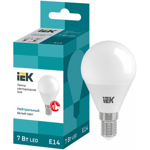 Лампа светодиодная IEK шар G45 Е14 7W 4000К 4К 78*45 матов. ECO LLE-G45-7-230-40-E14
