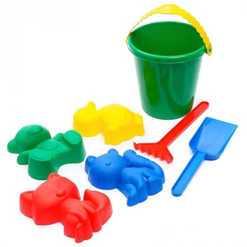 Набор для игры с песком №1 (ведёрко, 4 формочки для песка, грабельки, лопатка)