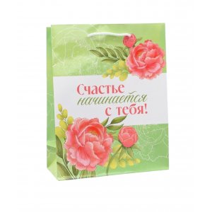 Пакет подарочный бумажный 18*23*8см Счастье начинается с тебя
