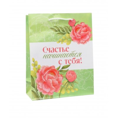 Пакет подарочный бумажный 18*23*8см Счастье начинается с тебя