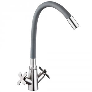 Смеситель д/к СоюзКран SS01-С242, силиконовый излив, кер. кран-буксы 1/2, серый, нерж.сталь