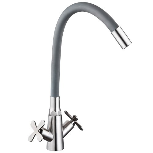 Смеситель д/к СоюзКран SS01-С242, силиконовый излив, кер. кран-буксы 1/2, серый, нерж.сталь