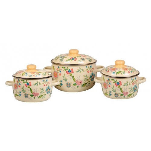 Набор эмалированной посуды Луговые цветы №02 слон. кость (кастр. 2л, 3л, 4л)