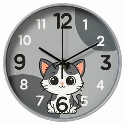 Часы настен. "Котик"  круг d=19,5см, корпус серый