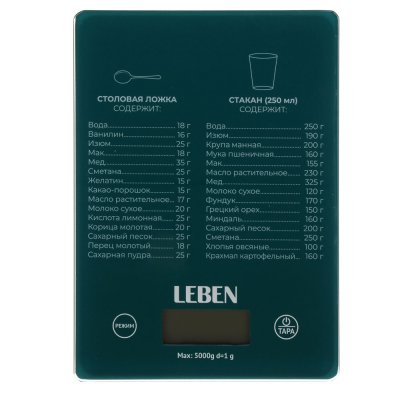 Весы кухонные электронные LEBEN, стекло с дизайном, макс.нагр. 5кг