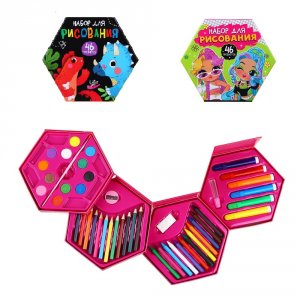 Набор для рисования 46 пр., картон, пластик, дер., 2 дизайна, 16,5*18,5*9см