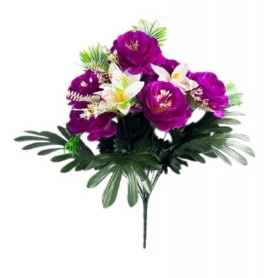 Букет георгин с нарциссом и листом пальмы 13веток