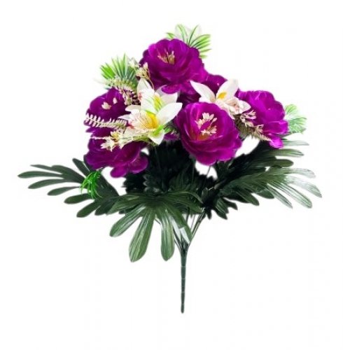 Букет георгин с нарциссом и листом пальмы 13веток