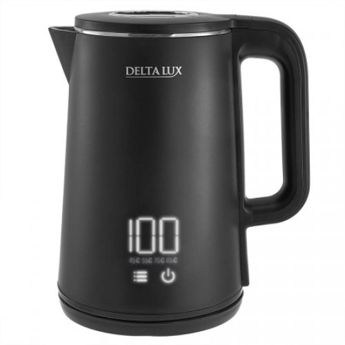 Чайник DELTA LUX DE-1023 черный, ДВОЙНОЙ КОРПУС, 1,8л, 2000Вт,  LCD дисплей, 5 режимов (уп.12)