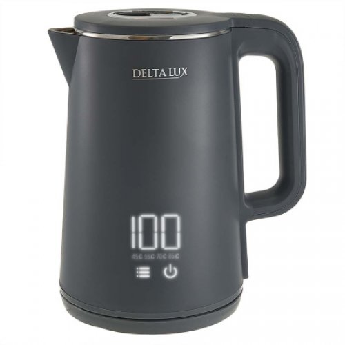 Чайник DELTA LUX DE-1023 серый, ДВОЙНОЙ КОРПУС, 1,8л, 2000Вт,  LCD дисплей, 5 режимов (уп.12)