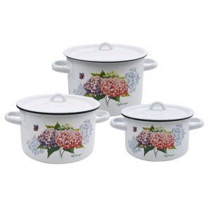 Набор эмалированной посуды Розовая гортензия  белосн. (кастр. 1.5л, 2.9л, 4,5л)