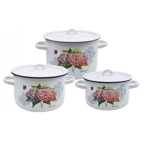 Набор эмалированной посуды Розовая гортензия  белосн. (кастр. 1.5л, 2.9л, 4,5л)