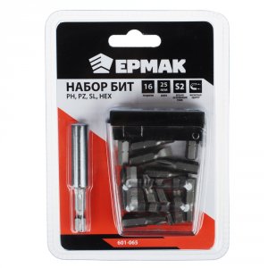 Набор бит на блистере ЕРМАК 16пр. (магнитный адаптер 60 мм, 15 бит 25мм)