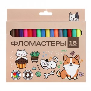 Фломастеры 18 цветов "Минисо Стайл", смываемые, цветной вентил. колпачок, цветная кор.