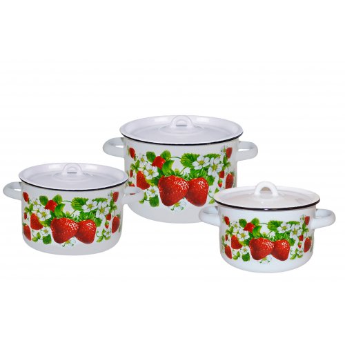 Набор эмалированной посуды КЛУБНИЧНАЯ ПОЛЯНА белосн., (кастр. 1.5л, 2.9л, 4,5л)