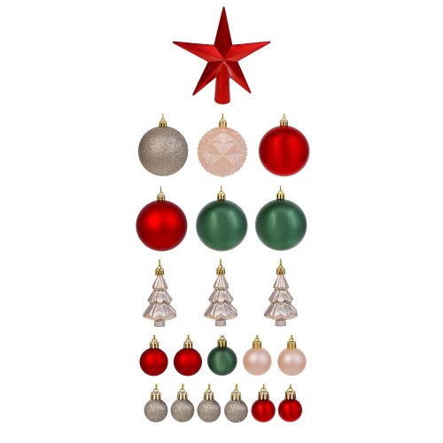 Набор шаров и украшений 22шт, 3см, 4см, 5см, 8см, красный, зеленый, шампань