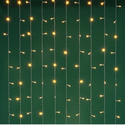 Электрогирлянда занавес 1,5*1,5м, 150LED, шампань, 10 нитей, пост.свеч., ПВХ прозр., 220В
