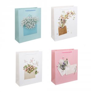 Пакет бумажный подарочный 26*32*10см, глиттер, 4 дизайна